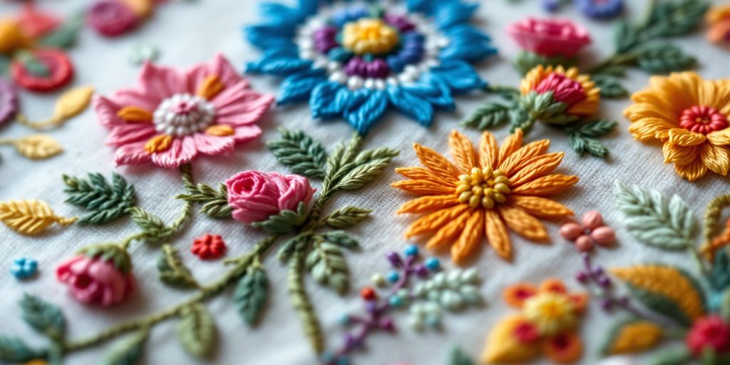 Norsk blomsterbroderi med detaljerte roser og blader.