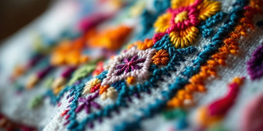 Nærbilde av tradisjonell norsk broderkunst.