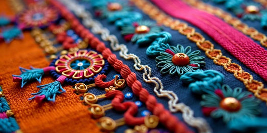 Nærbilde av broderingsteknikker med fargerike tråder.