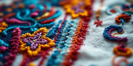 Nærbilde av kryssesting broderi med fargerike tråder.