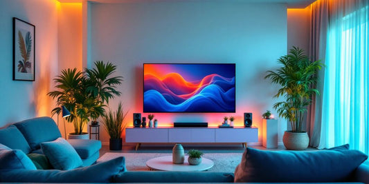 Moderne stue med TV og koselig innredning.