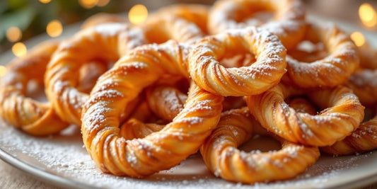 En vakker tallerken med kringles, gylden og delikat.