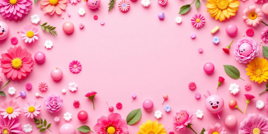 Fargerike rosa gjenstander og blomster i en leken scene.