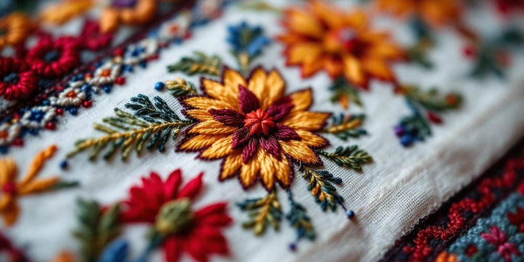 Tradisjonell nordmørssaum broderi med intrikate mønstre.