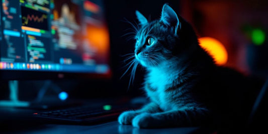 Katt foran dataskjerm med mykt lys.