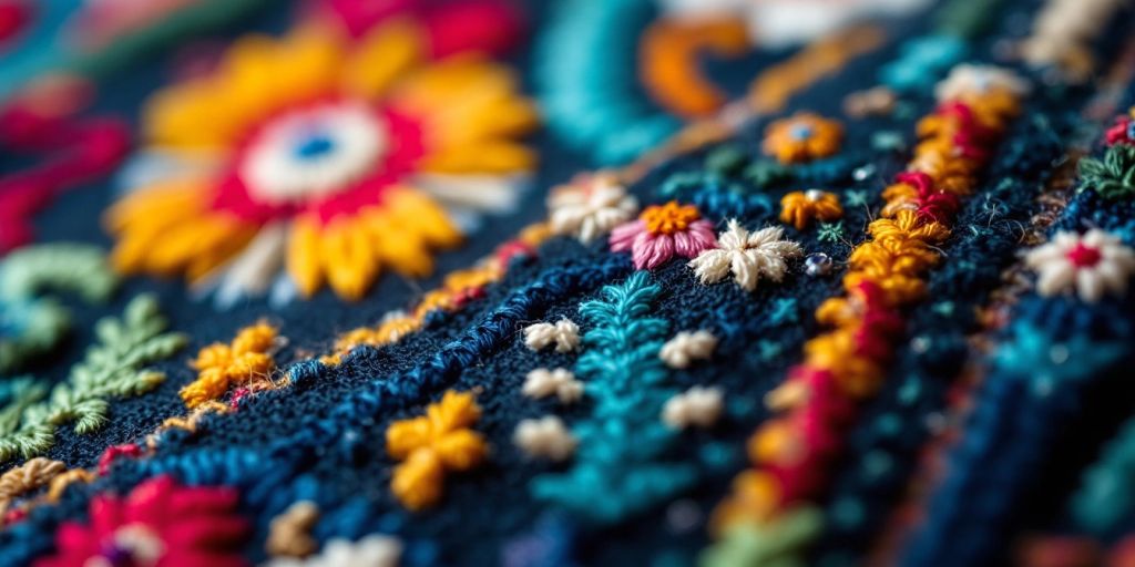 Tradisjonelle norske broderier med intrikate mønstre.