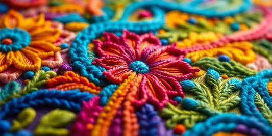 Nærbilde av vakre broderimønstre med fargerike tråder.